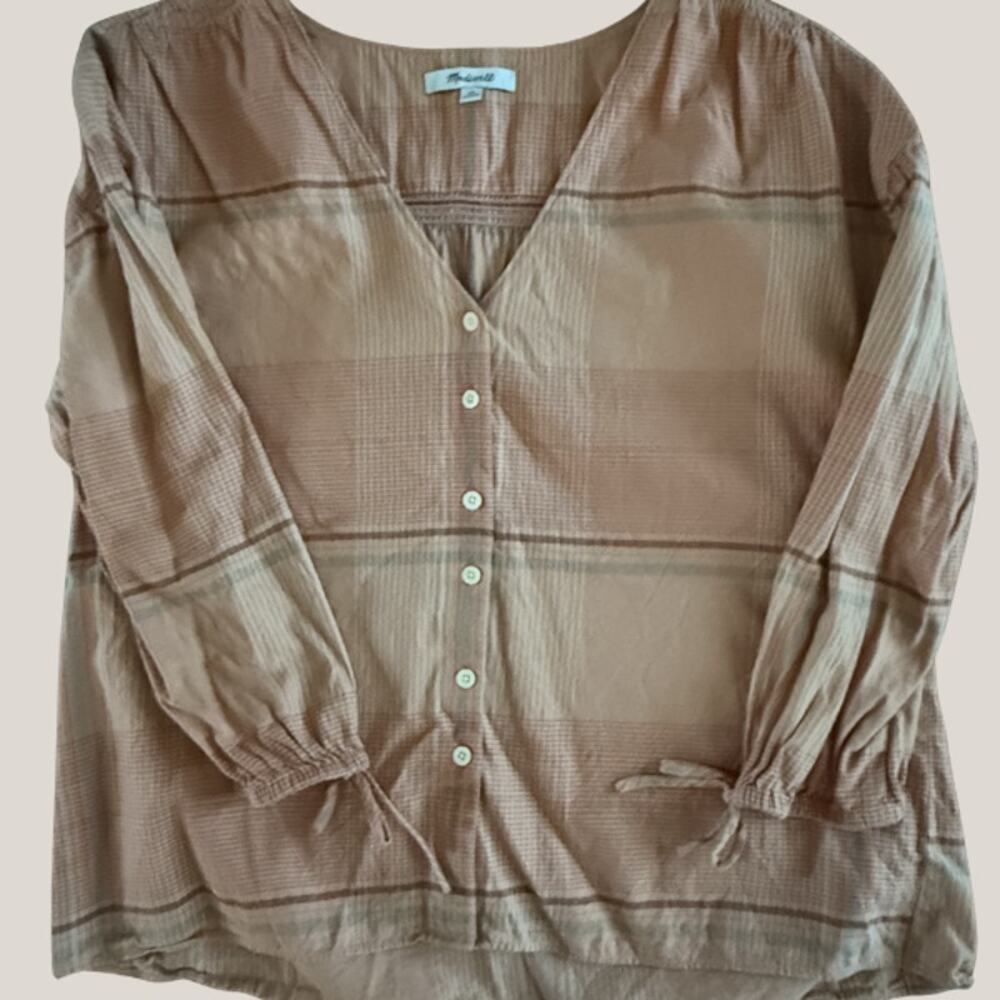Madewell Plaid Button Front Blouse Womens XS Tan Boho Peasant Tie Sleeve